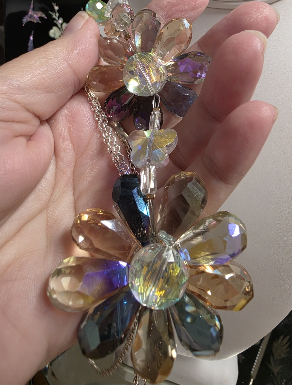 Aurora Borealis Flower and Butterfly Silver-tone Necklace - Picture 7 of 8